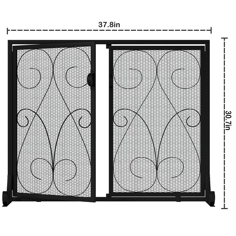 Kingson 2-Panel Fireplace Screen with Doors Handcrafted Wrought Iron Decorative