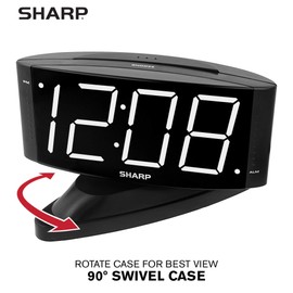 Sharp Home LED Digital Alarm Clock – Swivel Base - Outlet Powered, Simple Operation, Alarm, Snooze, Brightness Dimmer, Big White Digit Display, (Black-White LED)