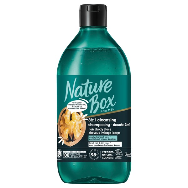 Nature Box MEN 3-in-1 Shower Shampoo - Hair, Face, Body - Vegan Shampoo with Cold Pressed Walnut Oil - Cleanses Scalp & Protects - 98% Natural Ingredients - 385ml