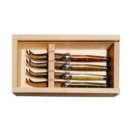(D) Laguiole French Hand Made 4 Cheese Cutlery in Wood Box, Vintage (Mineral)