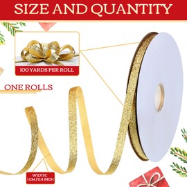 Panelee 100 Yards Christmas Metallic Glitter Ribbon 0.4 Inch Wide Sparkly Shine Fabric Wrapping Ribbon for Gift Wrapping Wedding Xmas Birthday Party Crafts Decorations (Gold)