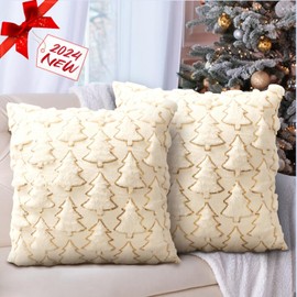HOLKEU Set of 2 Christmas Decorative Cushion Covers, Plush Velvet Cushion Covers, 3D Soft Artificial Fur, Decorative Cushion Cover with Christmas Tree for Sofa, Living Room, Bedroom, Beige - 40 x 40