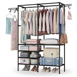 Zorpupoa Clothing Rack, Heavy Duty Clothes Rack, 3-in-1 Garment Rack for Hanging Clothes, Freestanding Closet Organizers with Storage Shelves, Clothes Rack for Bedroom, Hallway, Entryway, Black