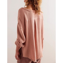 D-Sun Women's Long Sleeves Shirt V Neck Button Up Blouse Top Oversized Cotton Raw Edge Casual Gauze Shirt Salmon Pink