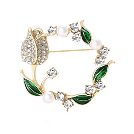 Crystal Tulip Flower Brooch Pin White Pearl Green Leaf Garland Lapel Pin Sparkly Flower Broche for Women Men Dress Coat Suit Accessories (gold tulip)