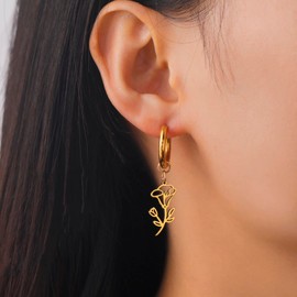 KKJOY Birth Month Flower Pendant Hoop Pierced Earrings Stainless Steel September Birth Flower Morning Glory Drop Dangle Charm Earrings Birthday Jewellery Gifts for Women
