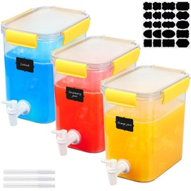 Mumufy 3 Set Plastic Drink Dispensers for Parties Lemonade Beverage Dispenser for Fridge with Spigot Iced Juice Container with Labels and Pens Christmas Party Supplies(Yellow, 0.92 Gallon)