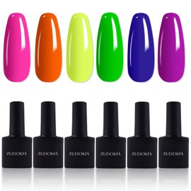 ZUDOKIA Neon Gel Nail Polish Set, 6 Colors Bright Rainbow Hot Pink Yellow Green Blue Soak Off UV LED Neon Gel Polish Kit Gift for Women