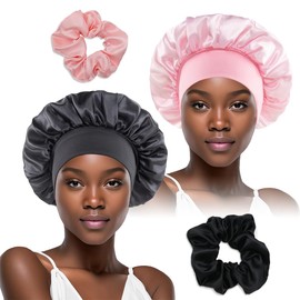 DWFEYOI Satin Schlafhaube,2 Stück Seidenhaube Verstellbar Haarhaube Seide mit 2 Stück Satin Haargummis,Nacht Schlaf Haube Damen Mädchen Atmungsaktive Schlafkappe,schlafhaube(schwarz,rosa)