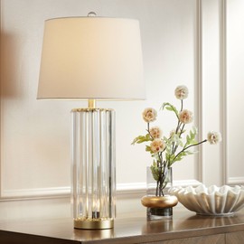 Regency Hill Rivera Traditional Table Lamp 27 3/4" Tall with Nightlight Gold Clear Glass LED White Tapered Drum Shade for Bedroom Living Room Nightstand Bedside Night Stand Office Kids Room