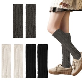 NAMIS 3 Pairs Women's Black White Grey Long Leg Warmers Women, Winter Leg Warmers Women's 45 cm Knitted Legwarmers for Winter Warmers, Suitable for All Women's Leg Types, gray