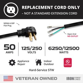 Iron Forge Cable NEMA 6-50 Extension Cord with Open End - 6ft 50 Amp EV Power Cord with Eyelet, 6/3 Gauge Replacement Cable - NEMA 6-50 Plug STW