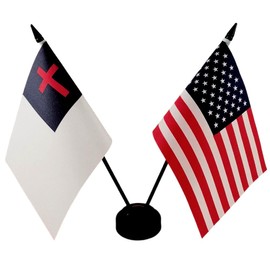 Zigvert America & Christian Friendship Twin Desk Flag, US Christian Table Flags, 8 x 5 Inches American & Christian Deluxe Desk Flag Set - Miniature USA & Christian Stick Flag with Flag Stand