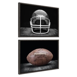 Kate and Laurel Sylvie Vintage Football Helmet on Black and Vintage Football on Black Framed Canvas Wall Art Set by Saint and Sailor Studios, 2 Piece 18x24 Dark Gray, Retro Black and White Sports Art