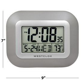 Westclox Large Digital Wall Clock Battery Operated Large Digital Clock with Temperature Date and Day of Week with Alarm | Modern Digital Desk Clock for Office Kitchen Bedroom or Living Room | Silver
