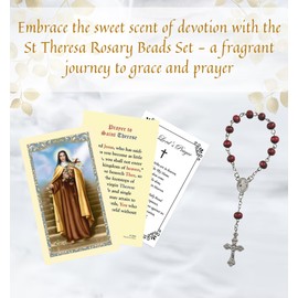 One Decade St Theresa Rosary Beads - Rose Scented St Therese of Lisieux Rosary - St Theresa Little Flower Rosary Beads Case, St Therese Prayer Card, The Lord's Prayer - Catholic Cards Set - 3 Items