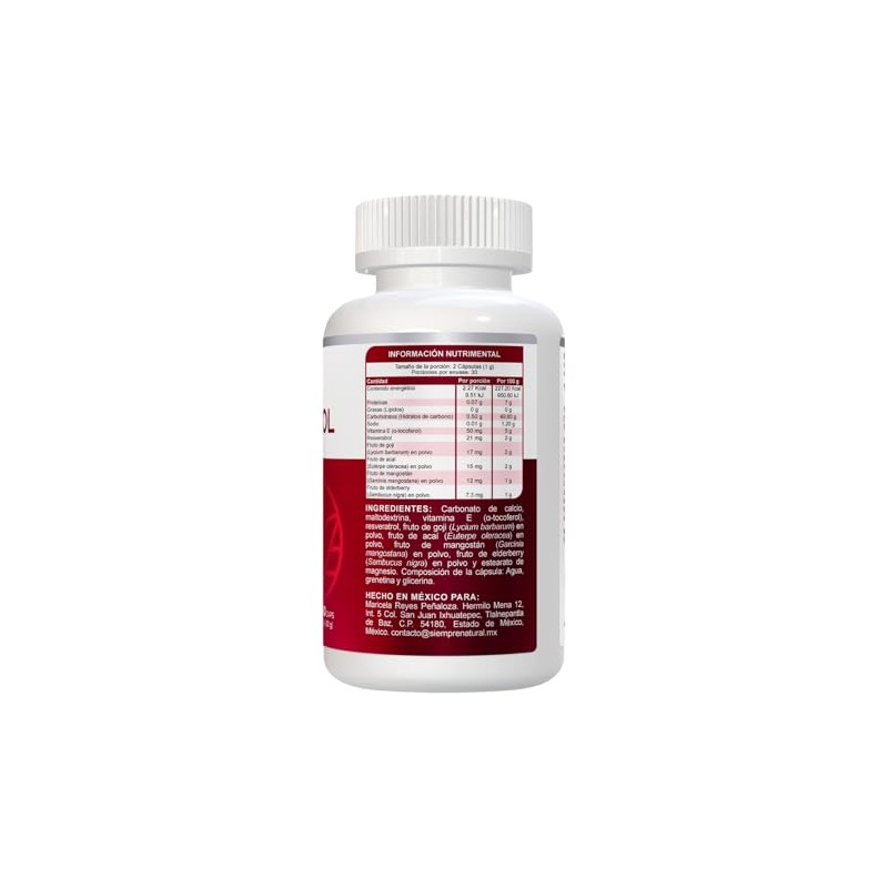 Resveratrol con Goji Acaí Elderberry Vitamina E frasco con 60