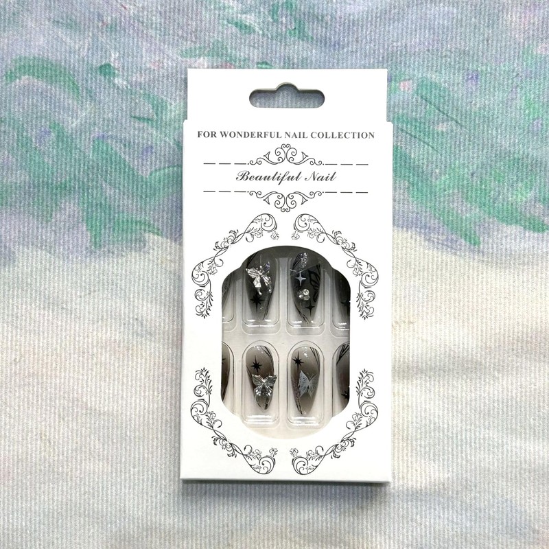 Y2k Press on Nails Medium Almond Fake Nails Black Glue