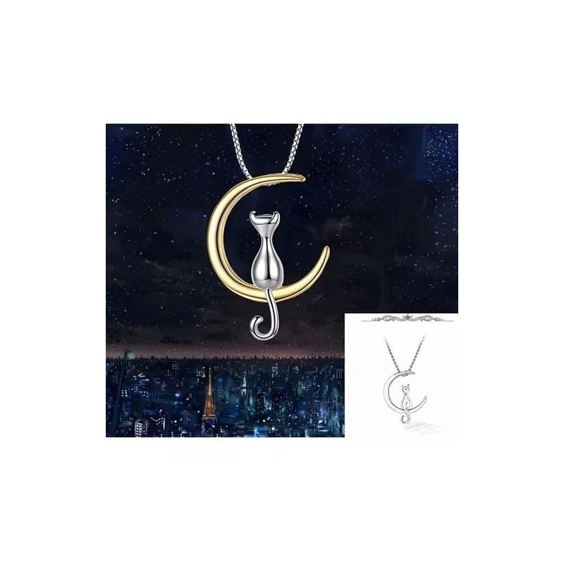 KS Collar De Plata S925 Luna Gato Colgante Regalo Para