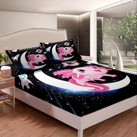 Cartoon Axolotl Bed Sheet Set Kawaii Axolotl Galaxy Moon Bedding Sheet 3D Animals Fitted Sheet for Boys Girls Children Teens Salamander Black Fitted Sheet Single