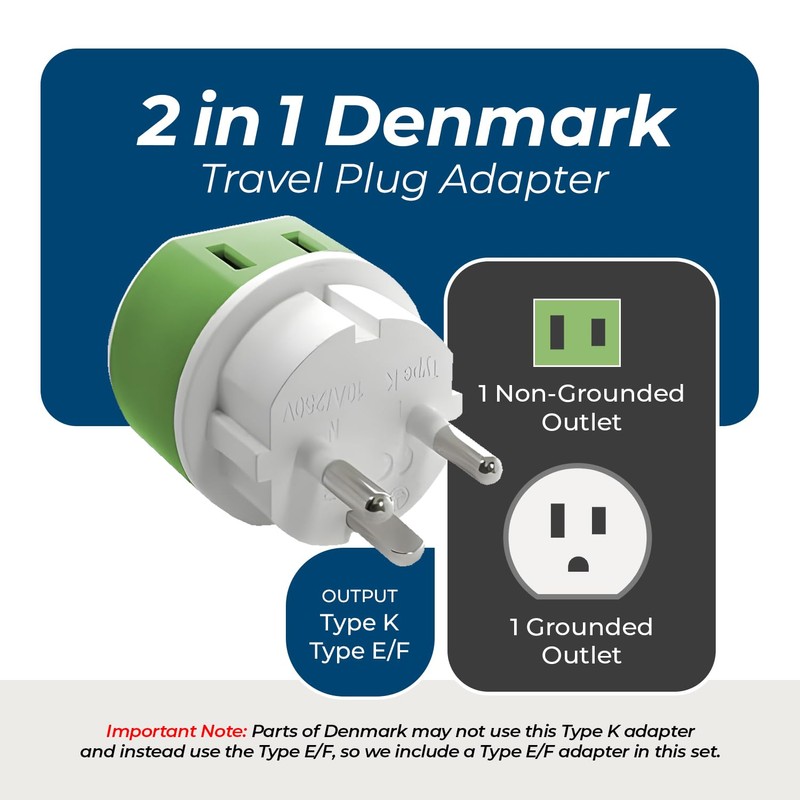 OREI Denmark Power Plug Adapter with 2 USA Inputs -