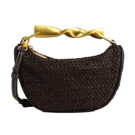 2025 Woven Straw Evening Clutch Bag Women Summer Satchel Purse Chain Cross Body Golden Color Handle Beach Wedding, Coffee