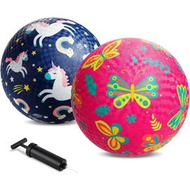 U&C Planet 2 Piece Playground Balls 21 cm Kickballs Set Dodge Ball with Pump Gaga Ball Handball Soft Boucy Balls Play Ball for Children 1-8, Game Camps School Garden, Indigo & Pink