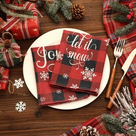 Funnymoom 24 Pcs Christmas Buffalo Plaid Cloth Napkins Snowflakes Black and Red Checked Cotton Gingham Napkins Dinner Soft Absorbent Cloth for Christmas Winter Holiday Party Favors