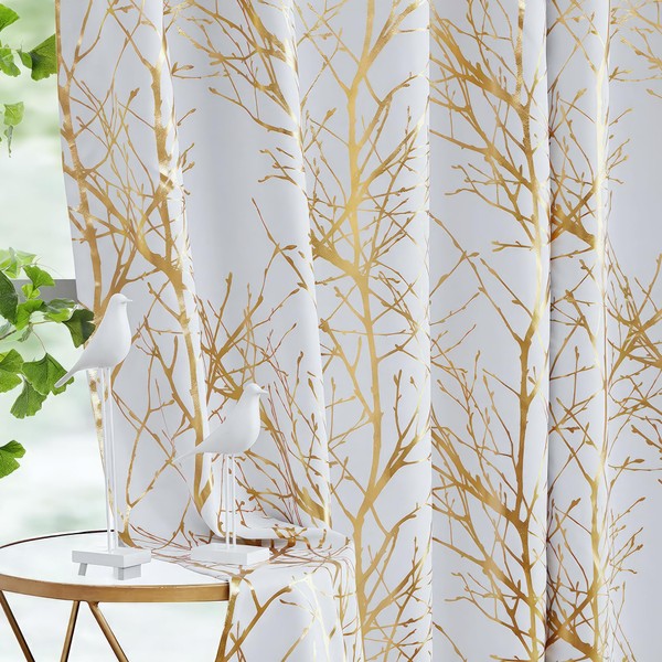 FMFUNCTEX 100% Blackout Curtains White Gold Tree for Living Room,