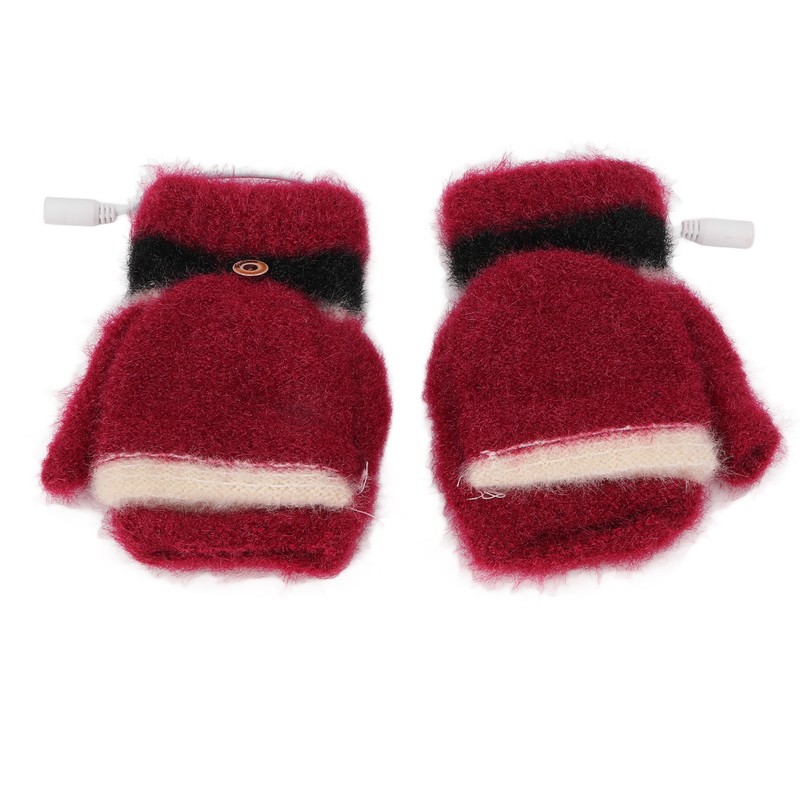 USB Heated Gloves Half Fingerless Flip Burgundy Double Sided Knit