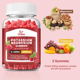Liposomal Potassium Magnesium Gummies for Adults Kids, High Absorption Potassium Citrate 200mg Magnesium Glycinate 400mg, Vitamin B6 Chewable Supplements for Leg Cramps & Muscle, Raspberry, 60 Count