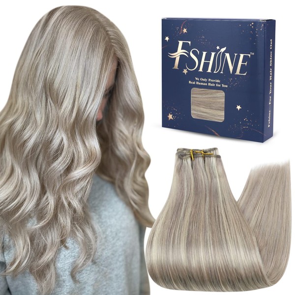 Fshine Weft Extensions Real Hair 45 cm/18 Inches Straight Hair Faber Grey Blonde Highlighted Blonde 1 Bundle Remy Hair Extensions Real Hair Wefts Sew-in Weave Human Hair 100 g