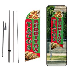Tacos Burritos Mexican Restaurant Advertising 6' FT Feather Banner Swooper Flag outdoor Sign with 8' FT Pole Kit and Ground Stake - Perfect for Food Business