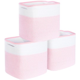 MINTWOOD Design 3-Pack 11x11 Inch Cube Storage Bin, Woven Storage Cube Organizer, Closet Organizer, Cute Square Storage Bins, Decorative Classroom Bathroom Pantry and Shelf Baskets, Light Pink