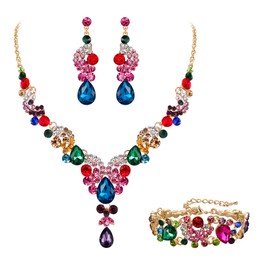 Ever Faith Rhinestone Crystal Bridal Party Art Deco Floral Wave Teardrop Necklace Earrings Bracelet Jewelry Set Multicolor Gold-Tone