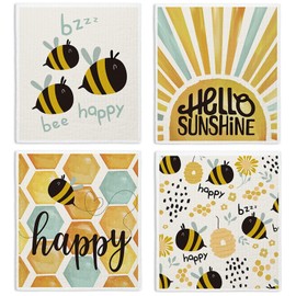 LARTSFRO Bee Hello Sunshine Swedish Dishcloths for Kitchen, Bee Happy, 4 Pack Watercolor Dish Towels for Kitchen, Summer Swedish Dish Cloths, Reusable Paper Towels Washable, Sponge Cloths