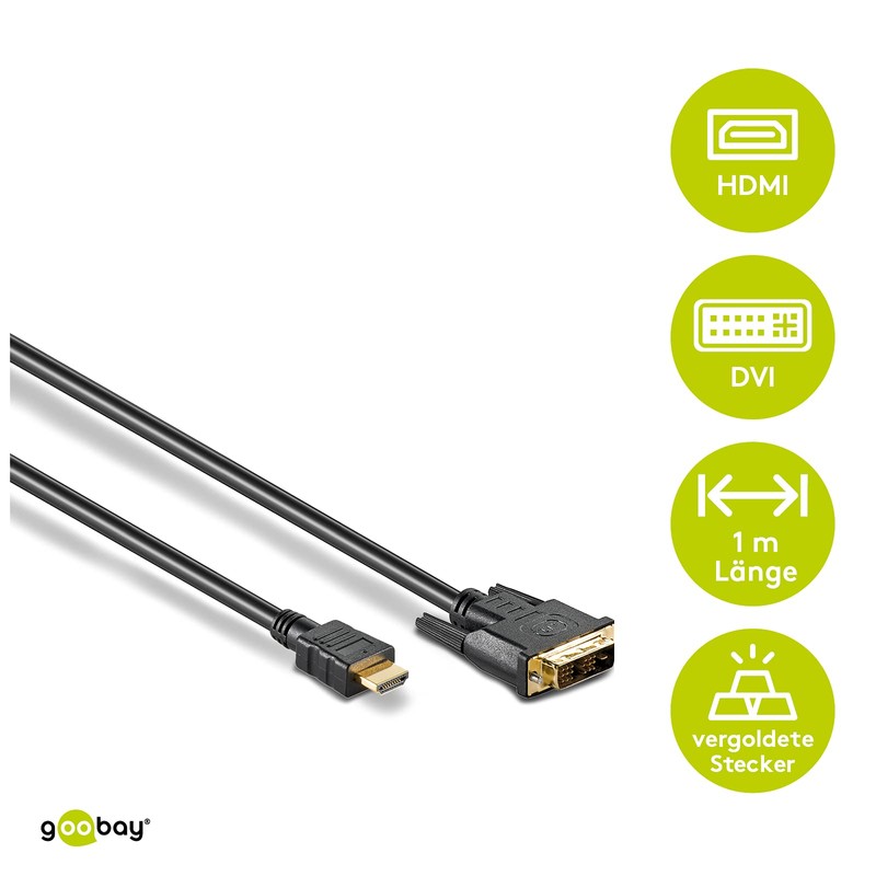 Goobay 51579 DVI-D/HDMI Cable, Gold-plated, Black, 1 m Cable Length