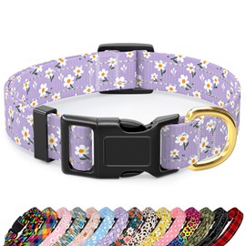 TMOODEL Reflective Dog Collar for Medium Dogs, Cute Flower Theme Adjustable Heavy-Duty Nylon Puppy Collar for Boy and Girl Female, Soft Pet Accessories with Quick Release Buckle, Purple White