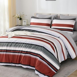 WONGS BEDDING Queen Comforter Set 7 Pieces, Red Striped Bed in a Bag, Soft Lightweight Micorfiber Bedding Set with Comforter, Flat Sheet, Fitted Sheet, Pillow Shams, Pillowcase