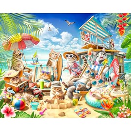 Cats on The Beach Jigsaw Puzzle 1000 Piece by VCC - Cool Cat Puzzles for Adults & Families - Large Interlocking Pieces - 30" x 24"