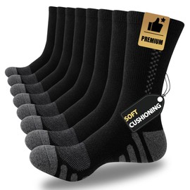 JOYNÉE 8 Pairs Mens Crew Athletic Work Long Socks Calf Cushioned Socks for Sports Running Workout Gym,Black,Sock Size:13-15