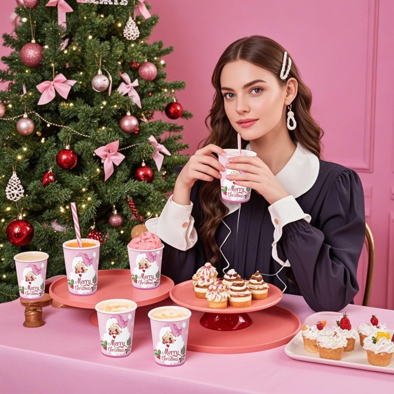 WRAPAHOLIC 50 Pcs Christmas Paper Cups - 9 oz Pink