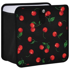 Oarencol Cherry Black Car Trash Can, Foldable Hanging Car Trash Bag, Watercolor Fruit Leaves Small Waterproof Car Accessories Garbage Bin