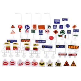 Kisangel 56Pcs Street Road Signs Playset Traffic Signs Playset Mini Electric Traffic Lights Toy Road Signs for Children Play