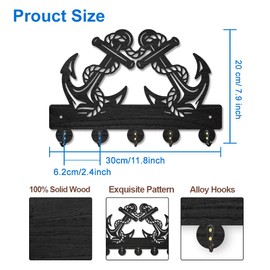 MAYJOYDIY Wooden Key Holder with Anchor Steering Wheel Nautical Sailor Jam Wall Mounted Key Hooks 30 x 20 cm with 5 Alloy Hooks for Entrance Area Front Door Kitchen Office Decoration