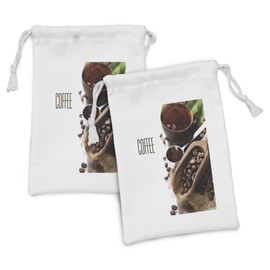 Ambesonne Coffee Fabric Pouch Set of 2, Bean and Ground Plants Filter Coffee Equipment Caffeine Addiction and Tropic Taste, Small Drawstring Bag for Toiletries Masks and Favors, 9" x 6", Brown Green