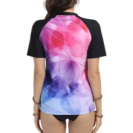 SURFEASY UV Shirt Women's Short-Sleeved UPF 50+ Swimming Shirt Quick-Drying Crew Neck Swimming Shirt S-XXXL, Colourful leaves, XL