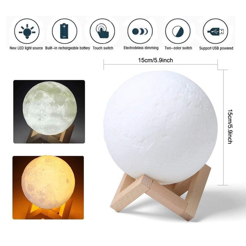 Mayround 3D Full Moon Lamp, 15cm/5.9 Inch LED Lunar Moon