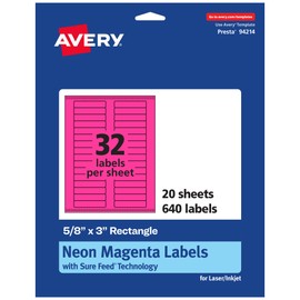 Avery Printable Rectangle Labels with Sure Feed Technology, 5/8" x 3", Neon Magenta Labels, Laser/Inkjet, 640 Total, Great for Mailing Labels and Packaging Labels
