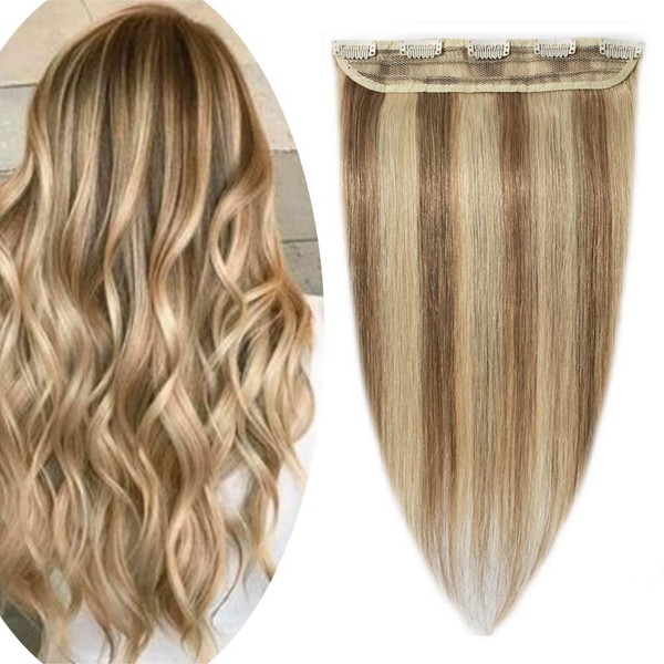 22 Inch Clip in Extensions Remy Human Hair Highlighted 55g One-piece 5 Clips Long Straight Clip on Hairpieces for Women Wide Weft Soft Silky Balayage #12P613 Golden Brown Mix Bleach Blonde